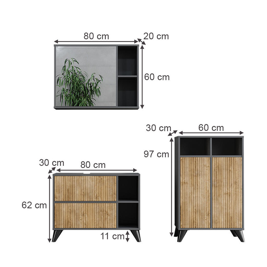 Thumbnail - Vicco Badmöbel-Set, Anthrazit, Eiche, Holzwerkstoff, nicht einzeln stellbar,Rechteckig, 80x62x30 cm, Badezimmer, Badmöbe...