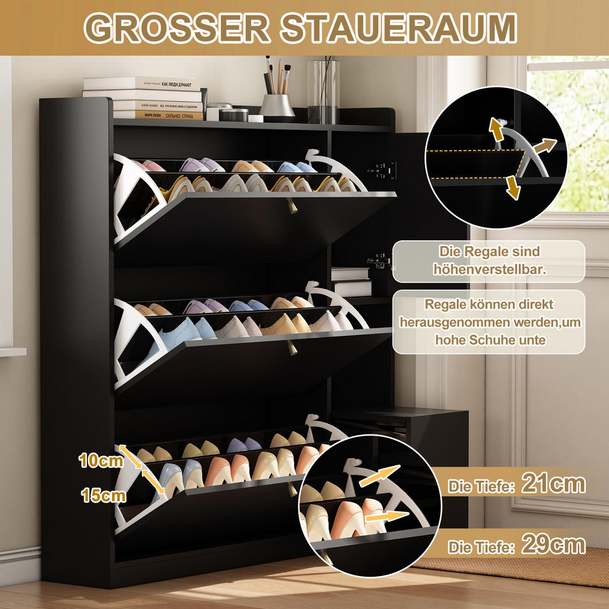 SCHUHSCHRANK 119/24/122 cm in Schwarz mit 3 Klappen und klappbarer Sitzbank - Schwarz, Holzwerkstoff (119/122/24cm) - Flora Grace