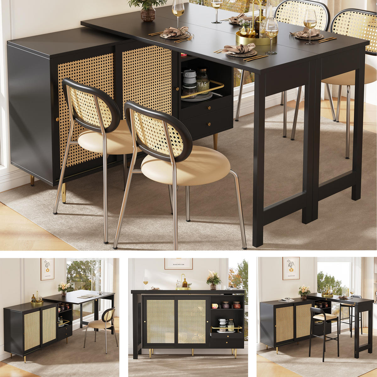 SCHREIBTISCHKOMBINATION mit Rattan-Türen, 187/40/76cm - Schwarz, Holzwerkstoff (187/40/76cm) - Urban Meuble