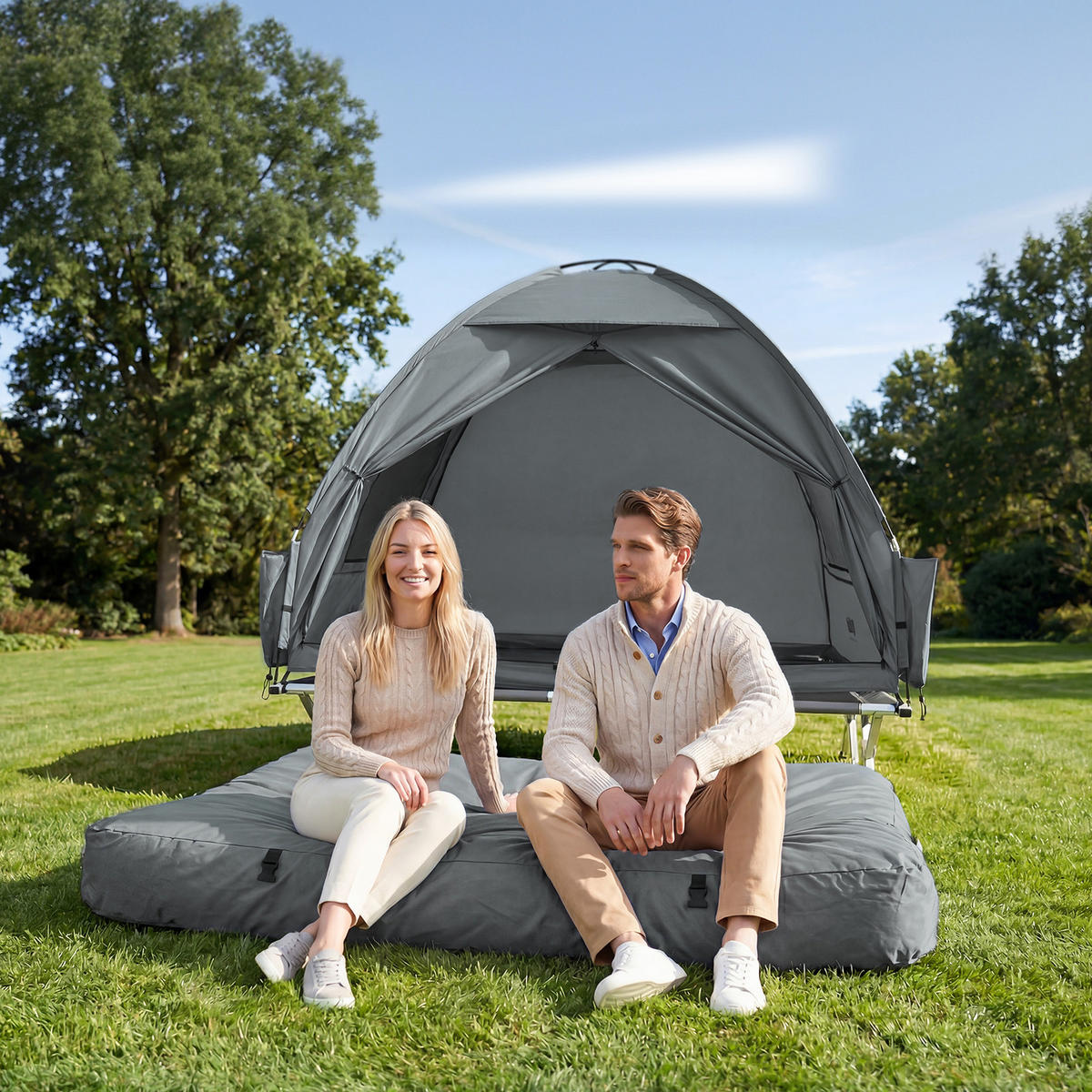 CAMPINGBETT mit Zelt und aufblasbarer Matratze OGS32-II-L-HG-TP - Ahornfarben, Fell/Metall (193/188/145cm) - SoBuy