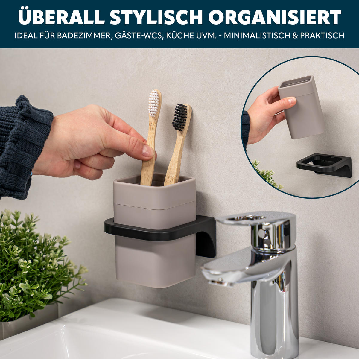 ZAHNPUTZBECHER SAVONA Softtouch, taupe, eckig - Taupe, Kunststoff (9/10.5/9cm) - bremermann