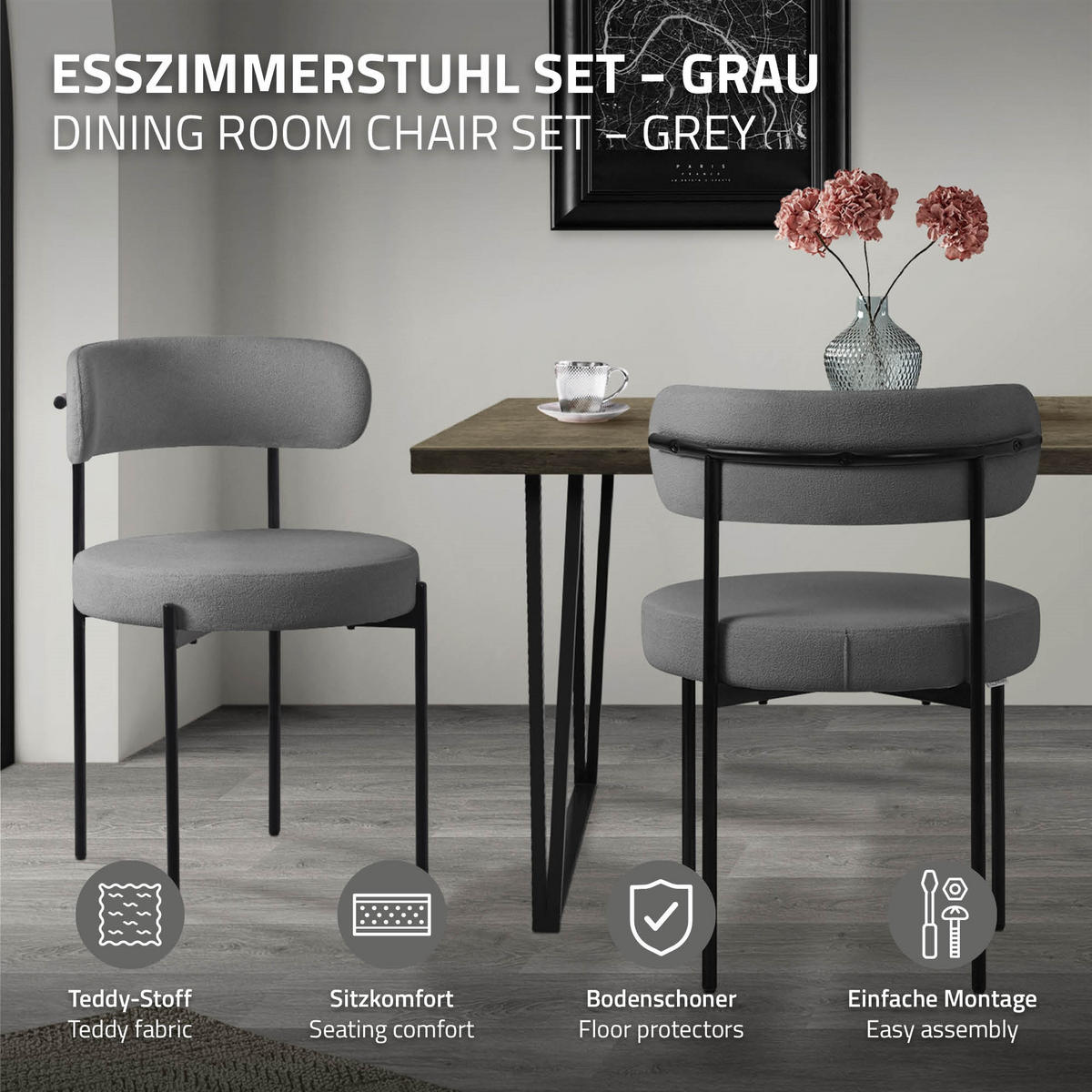 ESSZIMMERSTUHL 6er Set Teddystoff grau - Schwarz/Grau, Metall (53/78/50cm) - ML-DESIGN