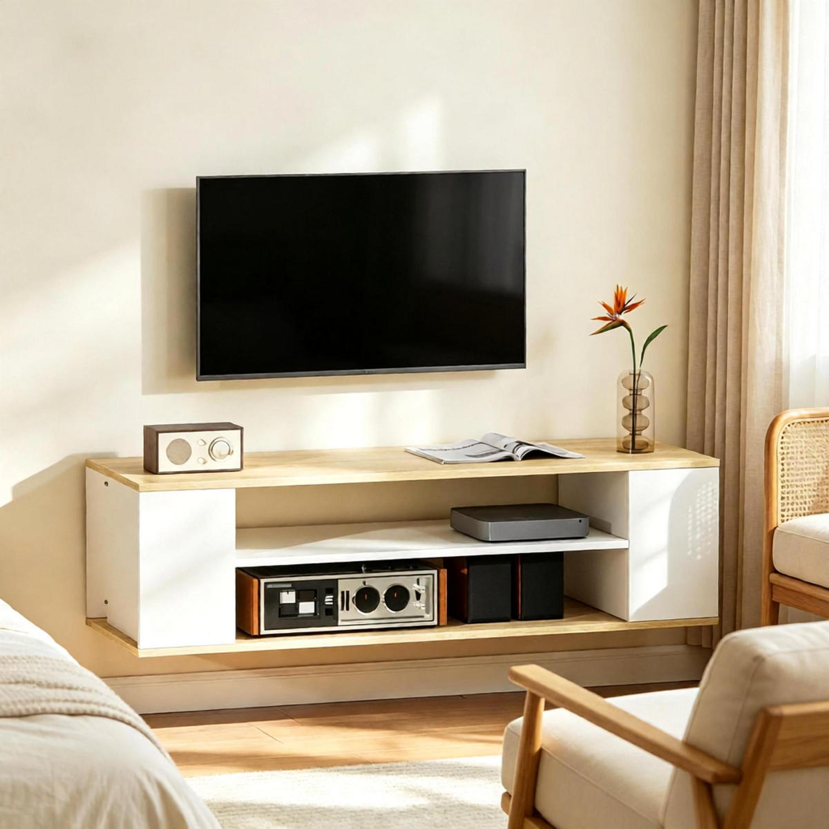 TV-SCHRANK 120/40/38,5 cm Weiß/Natur mit Rollen, Hängend/Stehend - Weiß, Holzwerkstoff (120/38.5/40cm) - Oxeza