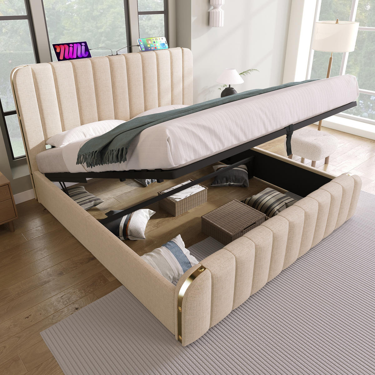 POLSTERBETT 140x190 cm in Beige mit Stauraum, USB- und Typ-C-Anschluss - Beige, Textil (140/190cm) - IVMEU