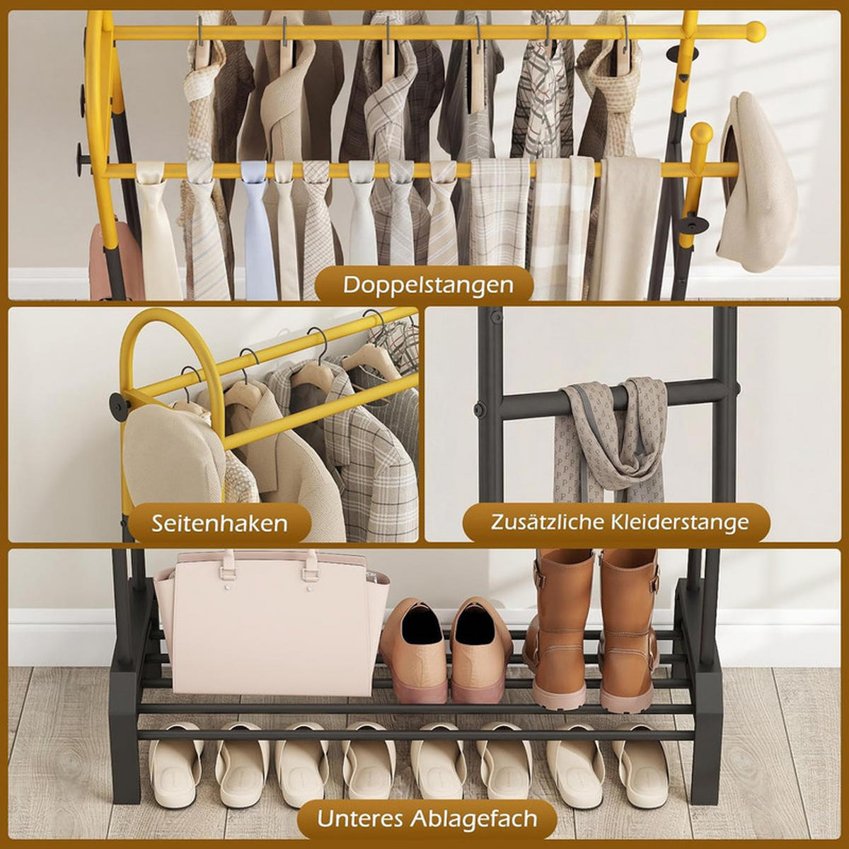 GARDEROBENSTÄNDER mit 5 Haken gold - Goldfarben, Metall (101/179/40cm) - COSTWAY