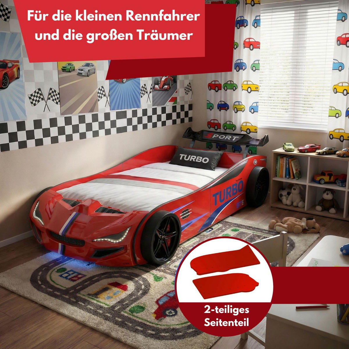 AUTOBETT GTE mit Rollrost, Licht und Sound Farbe Rot - Rot, Holzwerkstoff (90/200cm) - Coemo