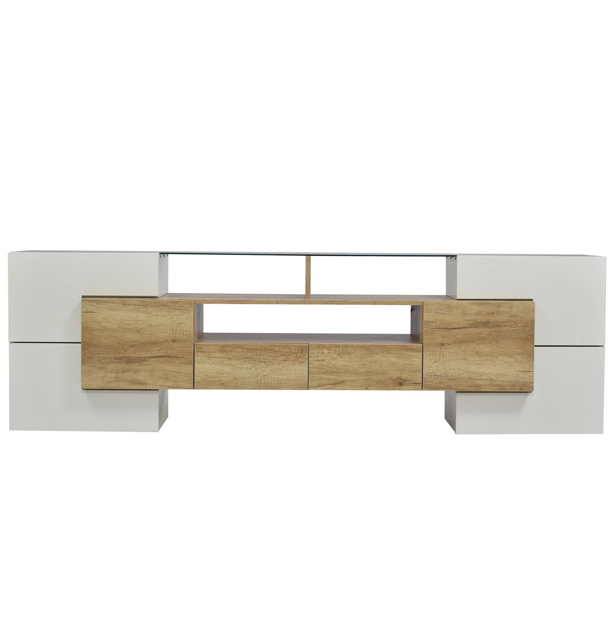 TV komoda 200/35/60 cm bijelo-prirodna od MDF-a s LED rasvjetom i velikim prostorom za odlaganje - bijela, drvni materijal (200/60/35cm) - OKWISH