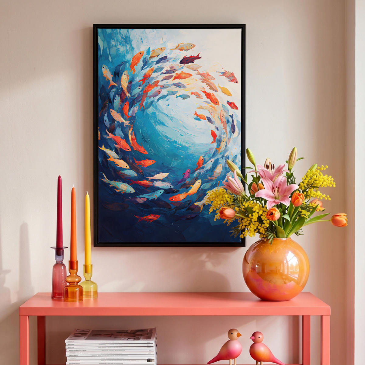 LEINWAND Bilder mit Rahmen - Meer - Fische - Bunt - Dynamisch - 40x60 - Hellblau, Textil (40/60cm) - MuchoWow