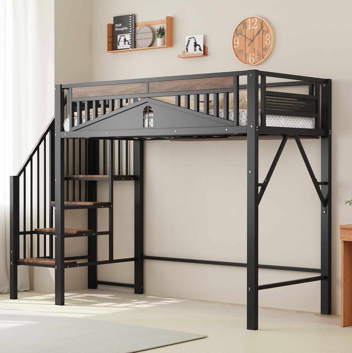 HOCHBETT 90/200 cm aus Metall und Holz mit Stauraum, Schwarz - Schwarz, Metall (90/200cm) - OKMYHOME