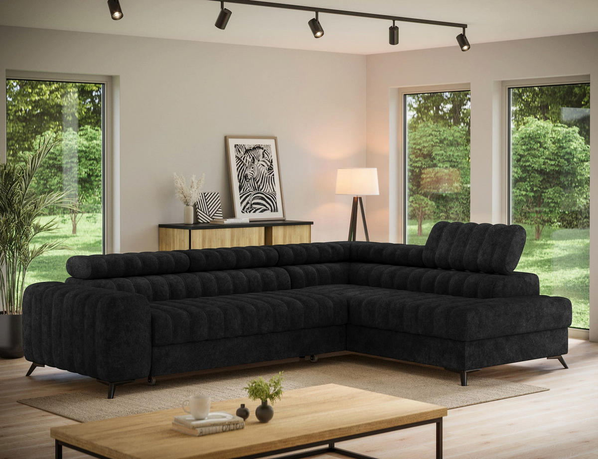 KANEDO Ecksofa mit Schlaffunktion und Bettkasten – Modernes Designsofa, verstellbare Kopfstützen, Metallfüße - Schwarz, Kunststoff (269/86cm) - Wohnideebilder