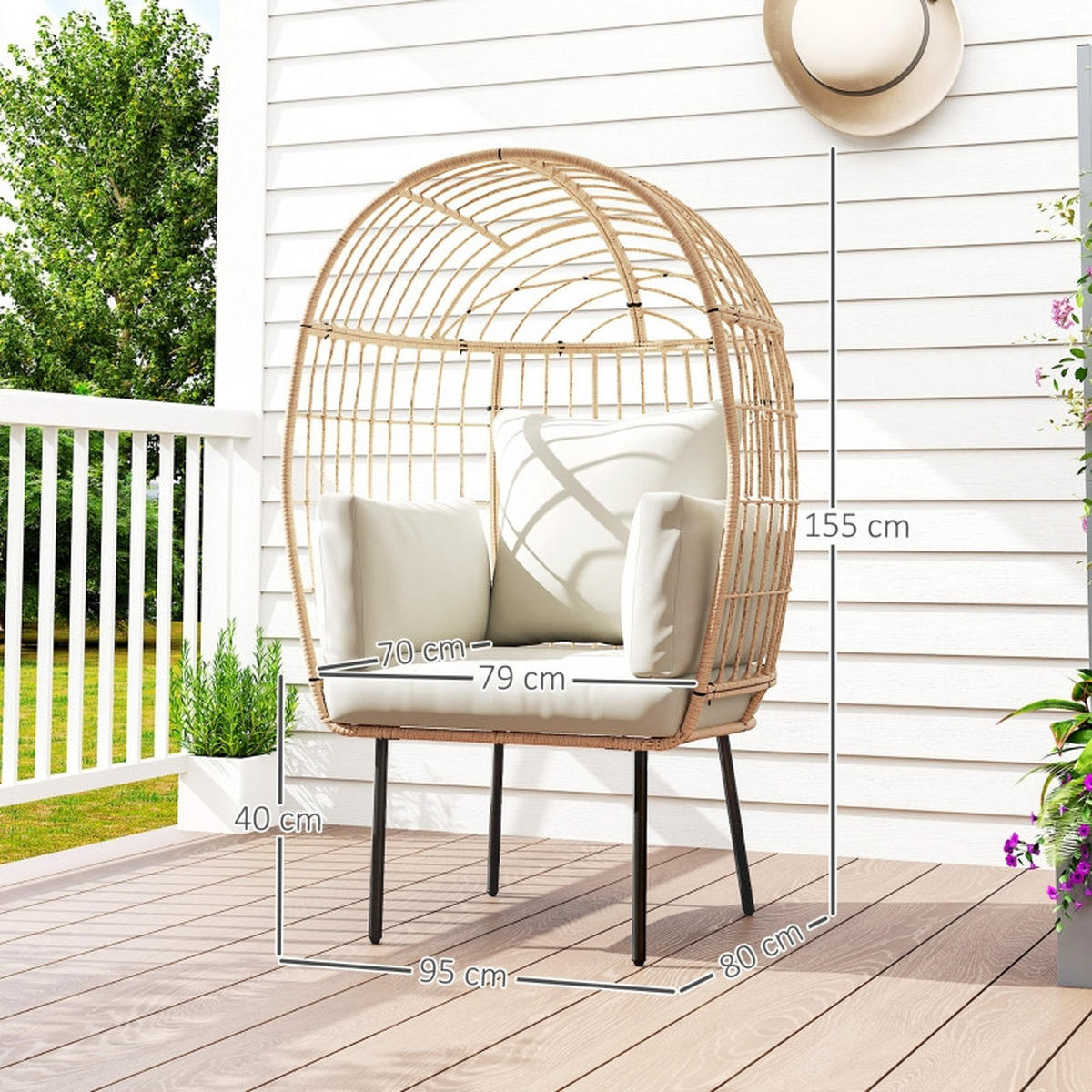 GARTENSTUHL aus Rattan 95x80x155 cm in Beige mit abnehmbaren Kissen - Beige, Metall (95/155/80cm) - Modfu
