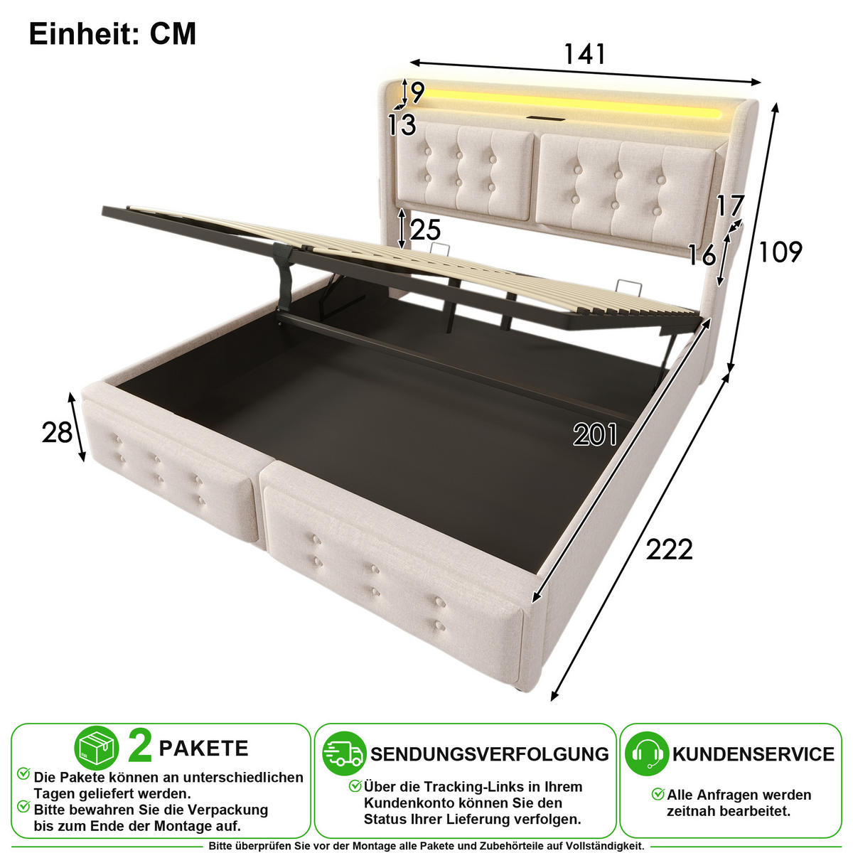 POLSTERBETT 140/200 cm in Beige Stoff mit Bettkasten, LED und USB - Beige, Holzwerkstoff/Textil (140/200cm) - CHICFURN