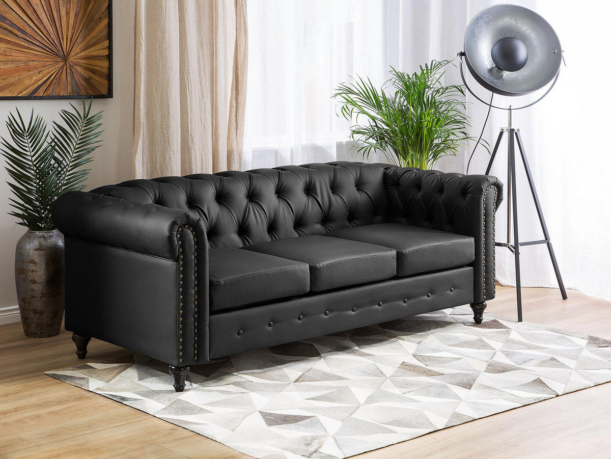 3-SITZER-SOFA Kunstleder Schwarz Chesterfield - Schwarz, Kunststoff/Textil (208/78/88cm) - Beliani