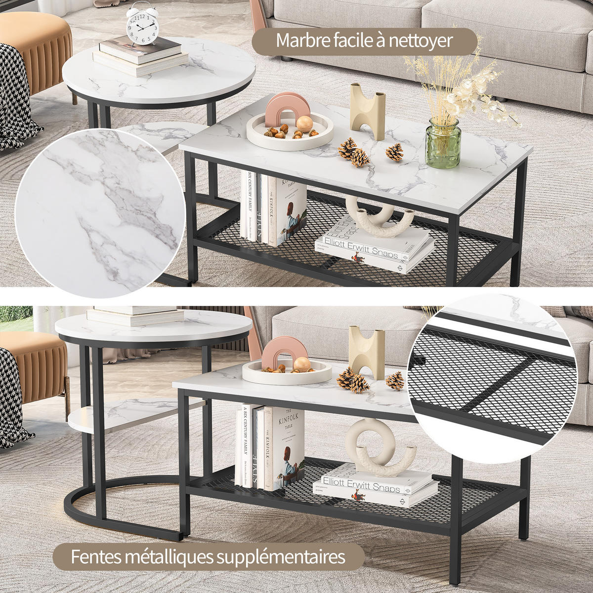 COUCHTISCH 2er Set rund schiebbar Beistelltisch Metall schwarz - Schwarz, Holz (46/80/41cm) - LEBENLANG