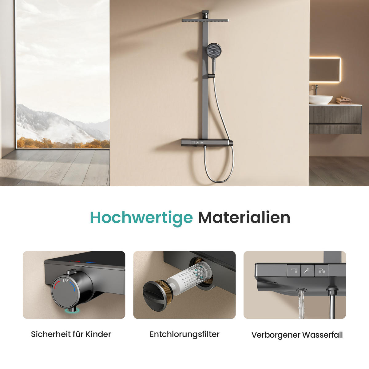 ÜBERKOPFBRAUSESET mit Drei Wasserauslassmethoden Thermostat Hebbar Anthrazit - Anthrazit, Metall (43.7/112.2/62.5cm) - EMKE