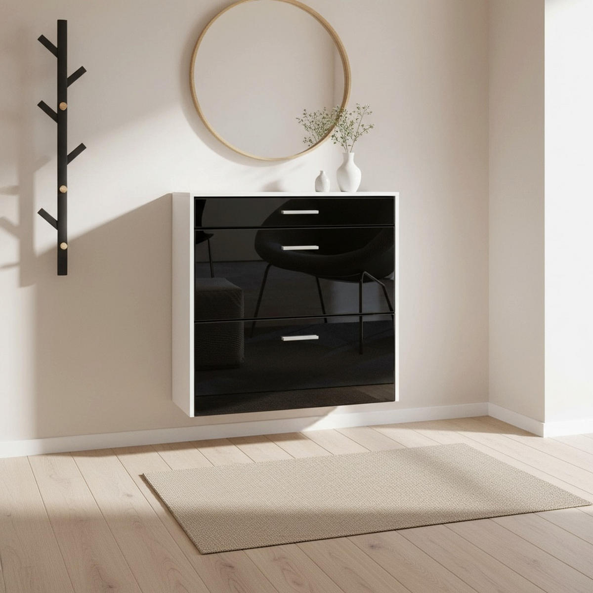HÄNGENDER-SCHUHSCHRANK Roma Air Schmal mit 2 Klappen und 1 Schublade, Platzsparender Schuhkipper, Weiß matt/Schwarz Hochglanz (89 x 87 x 23 cm) - Schwarz Hochglanz, Holzwerkstoff (89/87/23cm) - InnoFurn