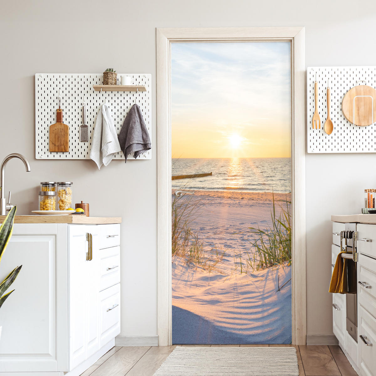 TÜRAUFKLEBER Selbstklebend - Strand - Sonne - Düne - Gras - Sand - Horizont 95x215 cm - Türtapete - Dunkelgelb, Kunststoff (95/0.1cm) - MuchoWow