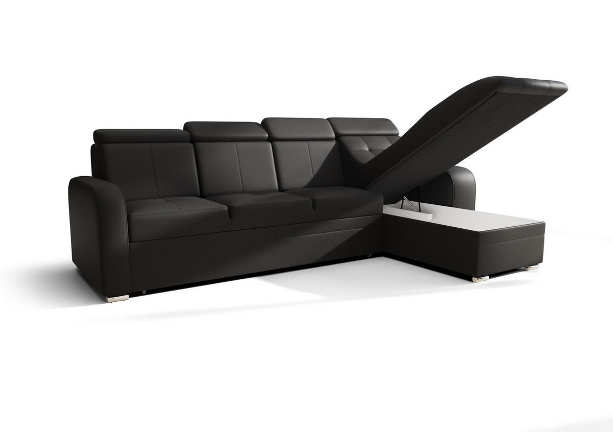 ECKSOFA KONGO RBN10, Eckcouch in L-Form mit Schlaffunktion, Farbe: Schwarz, Kunstleder, Ottomane Rechts - Schwarz, Textil (315/169cm) - O-Sofa