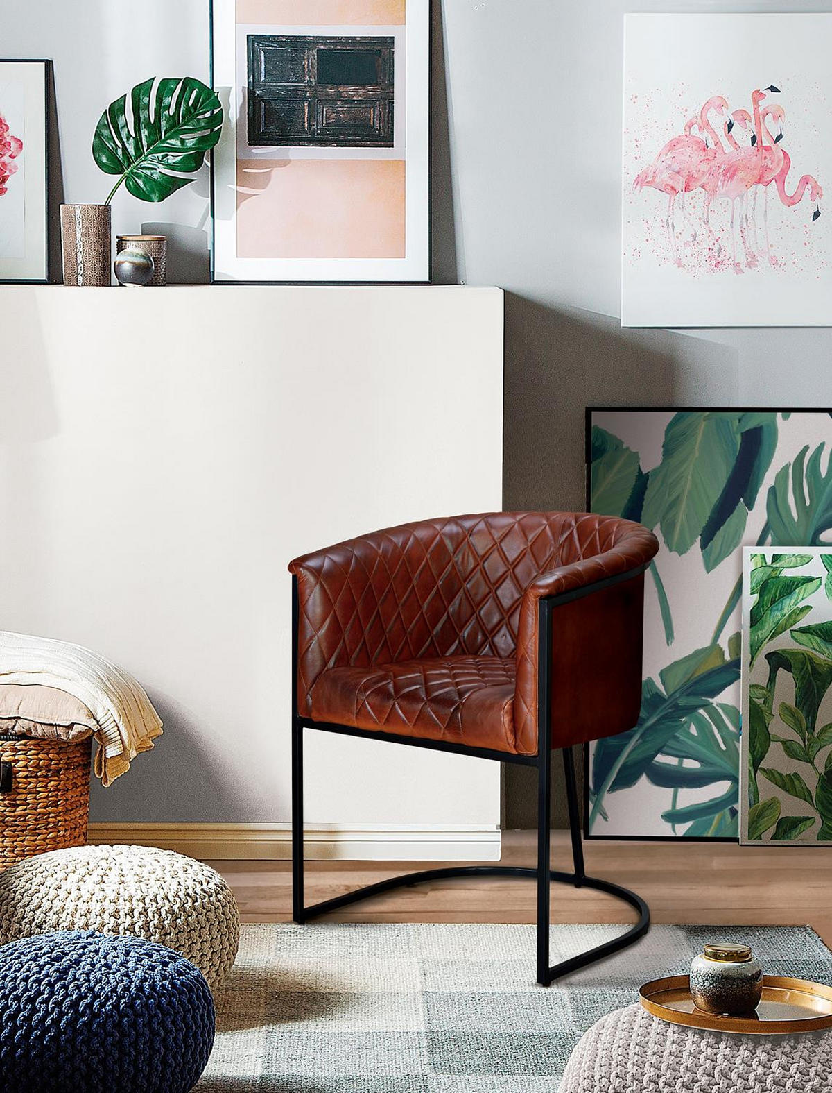 STUHL aus Leder und Metall - Braun, Fell (60/76/62cm) - Giner y Colomer