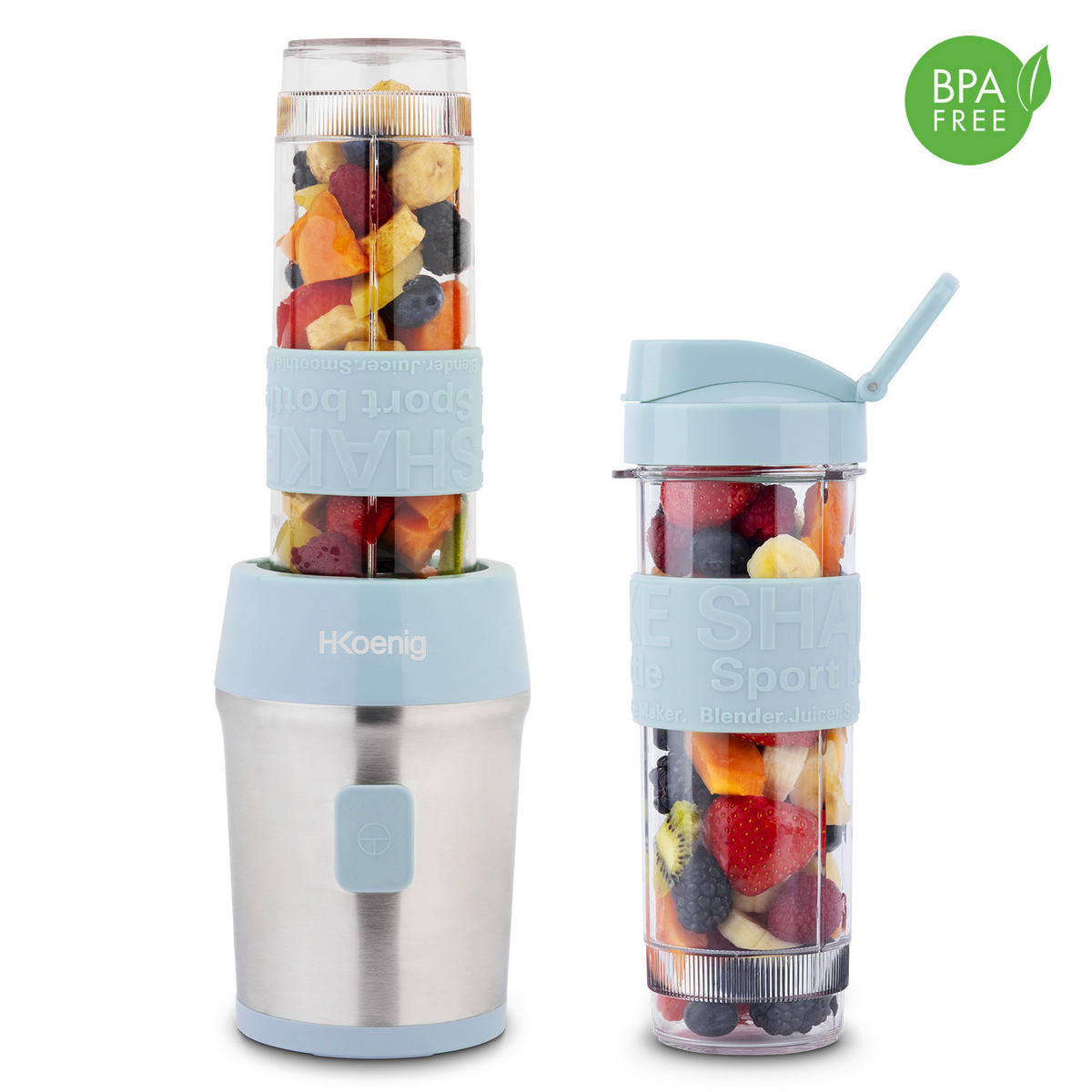 SMOOTHIE Maker SMOO16 Blau, 570ml, BPA-frei, 2 tragbare Flaschen, Edelstahlklingen, 300W - Hellblau, Metall (11.3/35/15cm) - HKoenig