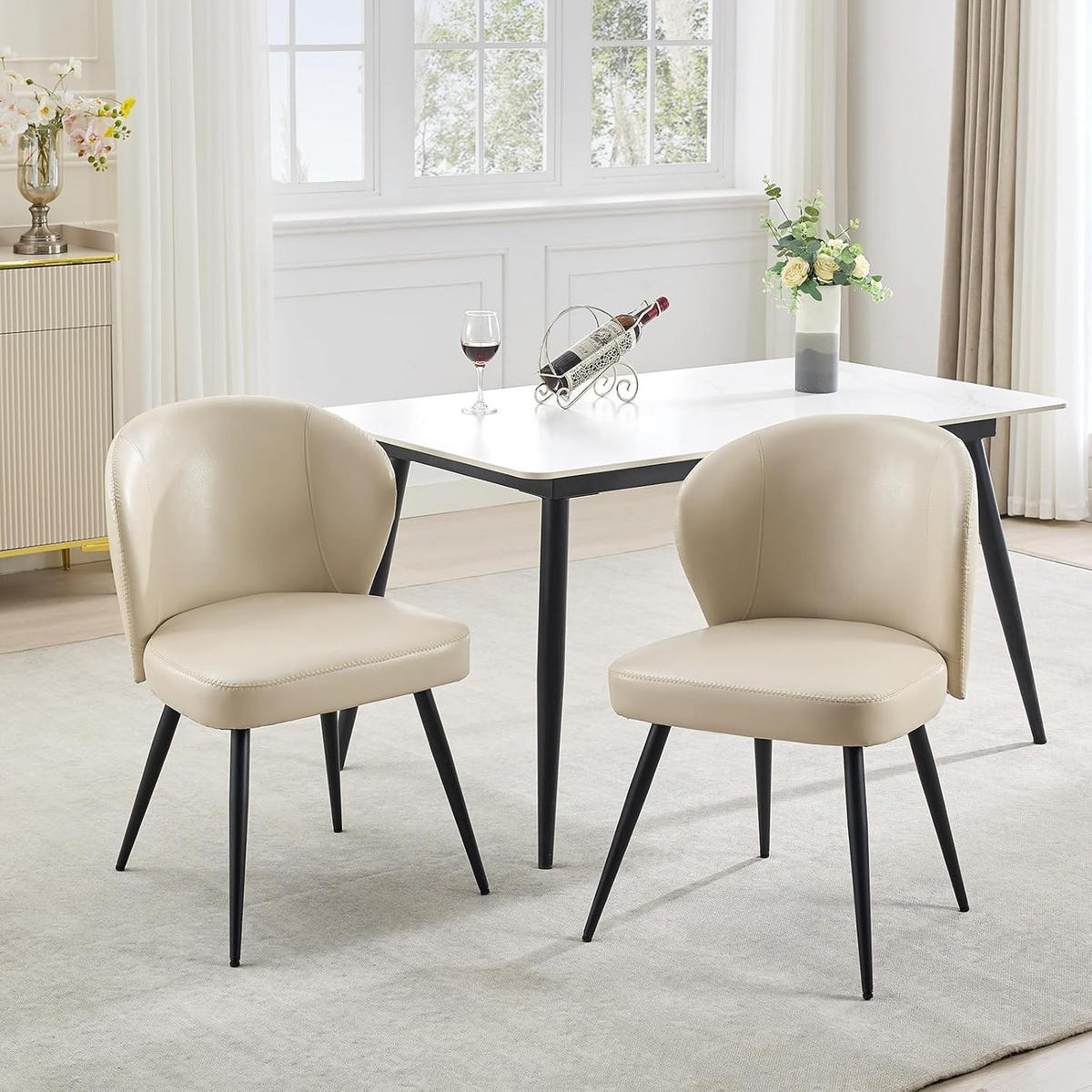 ESSZIMMERSTUHL 2er-Set Leder gepolstert mit ergonomischer geschwungener Lehne - Beige, Metall (66.1/50.1/53.1cm) - Garvee