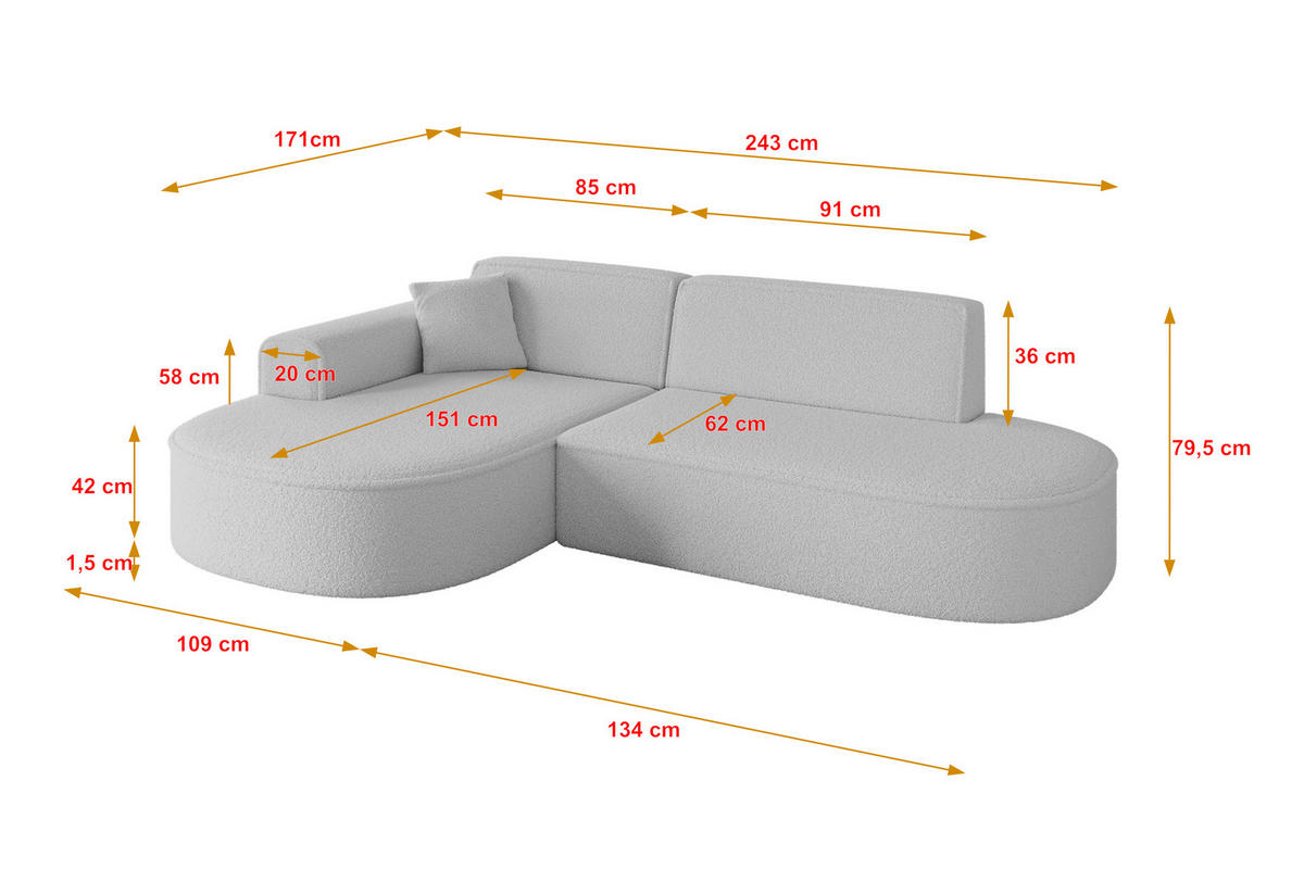 ECKSOFA Ottomane Links MARI-L1 - 243x171x79 cm Hellgrau Bouclé - Hellgrau/Schwarz, Holzwerkstoff/Kunststoff (163/234cm) - ALTDECOR