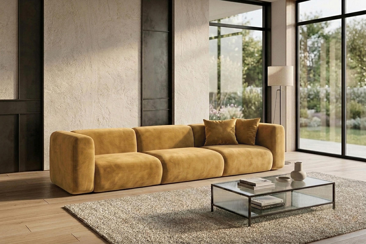 SOFA 3-Sitzer, Velvet-Stoff Bluvel, Golden, GRETA - Goldfarben, Holz (319/70/89cm) - Kaiser Möbel