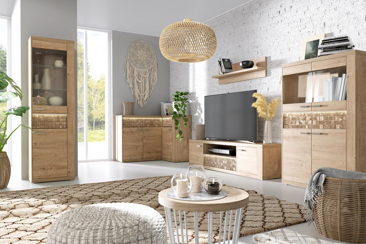 TV-ELEMENT BALESTRAND N12 Schublade Eiche - Eichefarben/Silberfarben, Glas/Holzwerkstoff (151/51/41cm) - Komodee