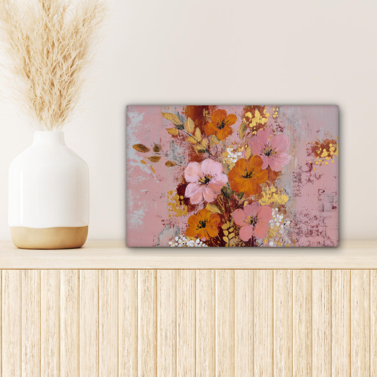 LEINWANDBILD Malerei - Blumen - Rustikal - Rosa Deko Schlafzimmer 30x20 cm - Altrosa, Textil (30/20cm) - MuchoWow