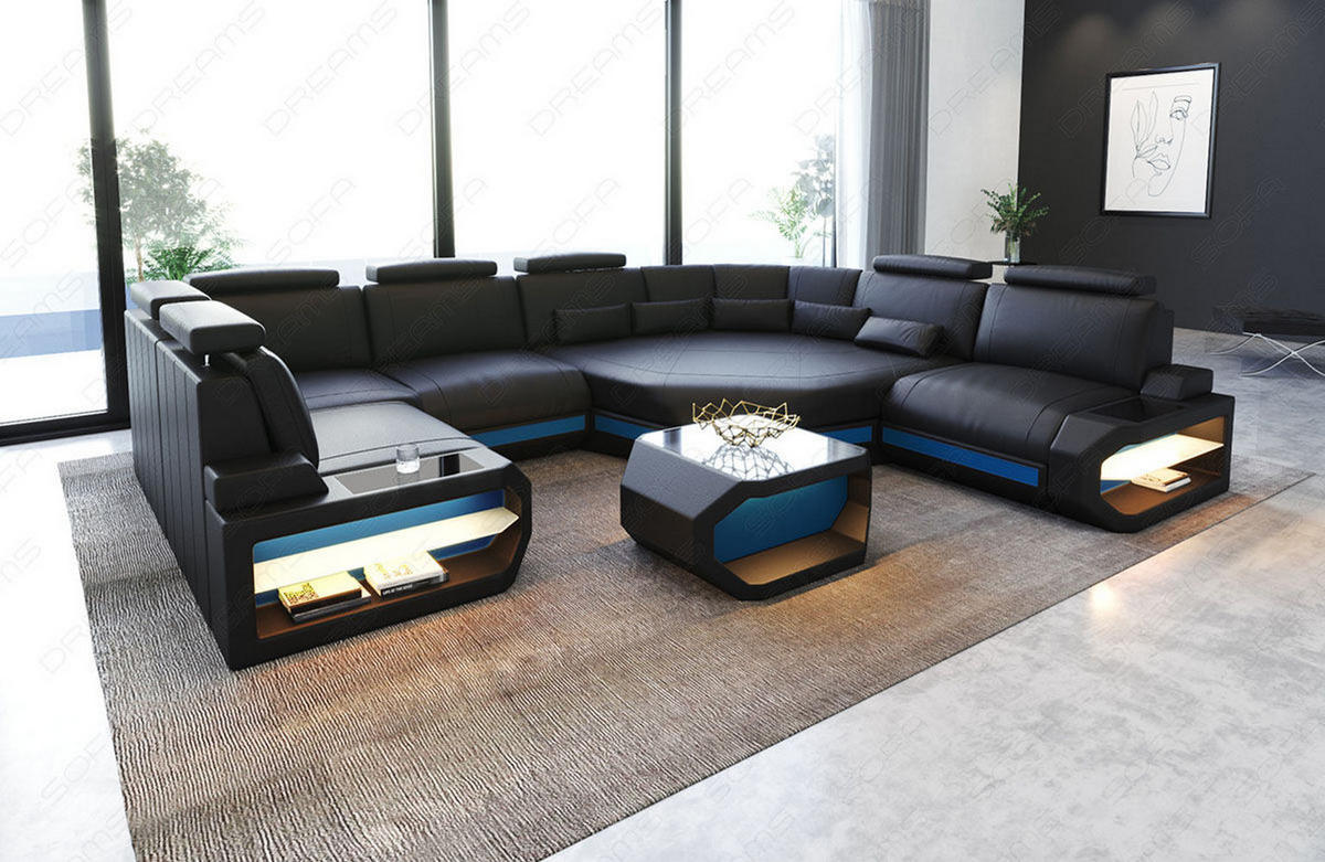 WOHNLANDSCHAFT Asti U Mini - Blau/Schwarz, Leder (352/93/280cm) - Sofa Dreams