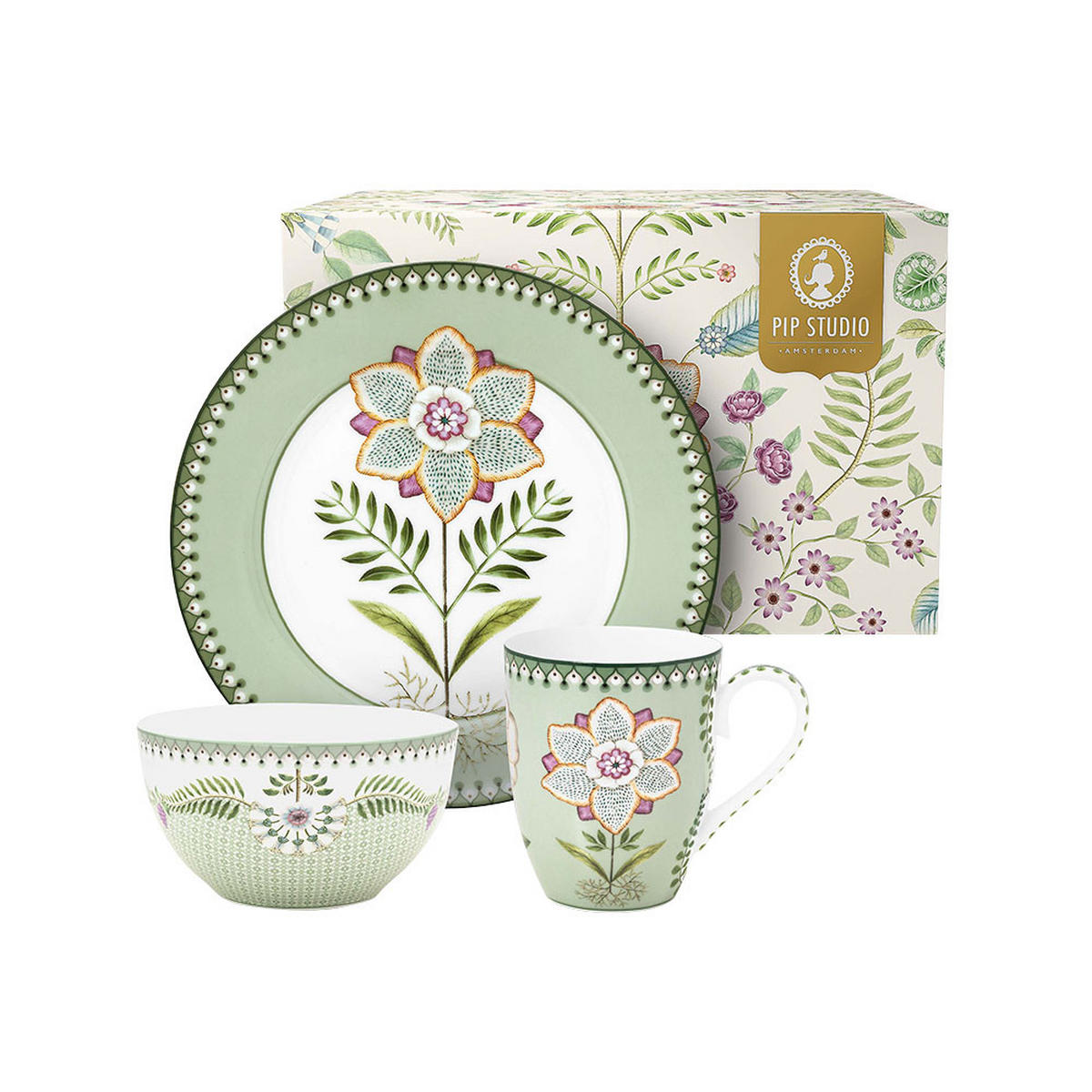 FRÜHSTÜCKSSET 3er-Set Lilie & lotus light grün - Grün, Keramik (22/14.5/22cm) - Pip Studio
