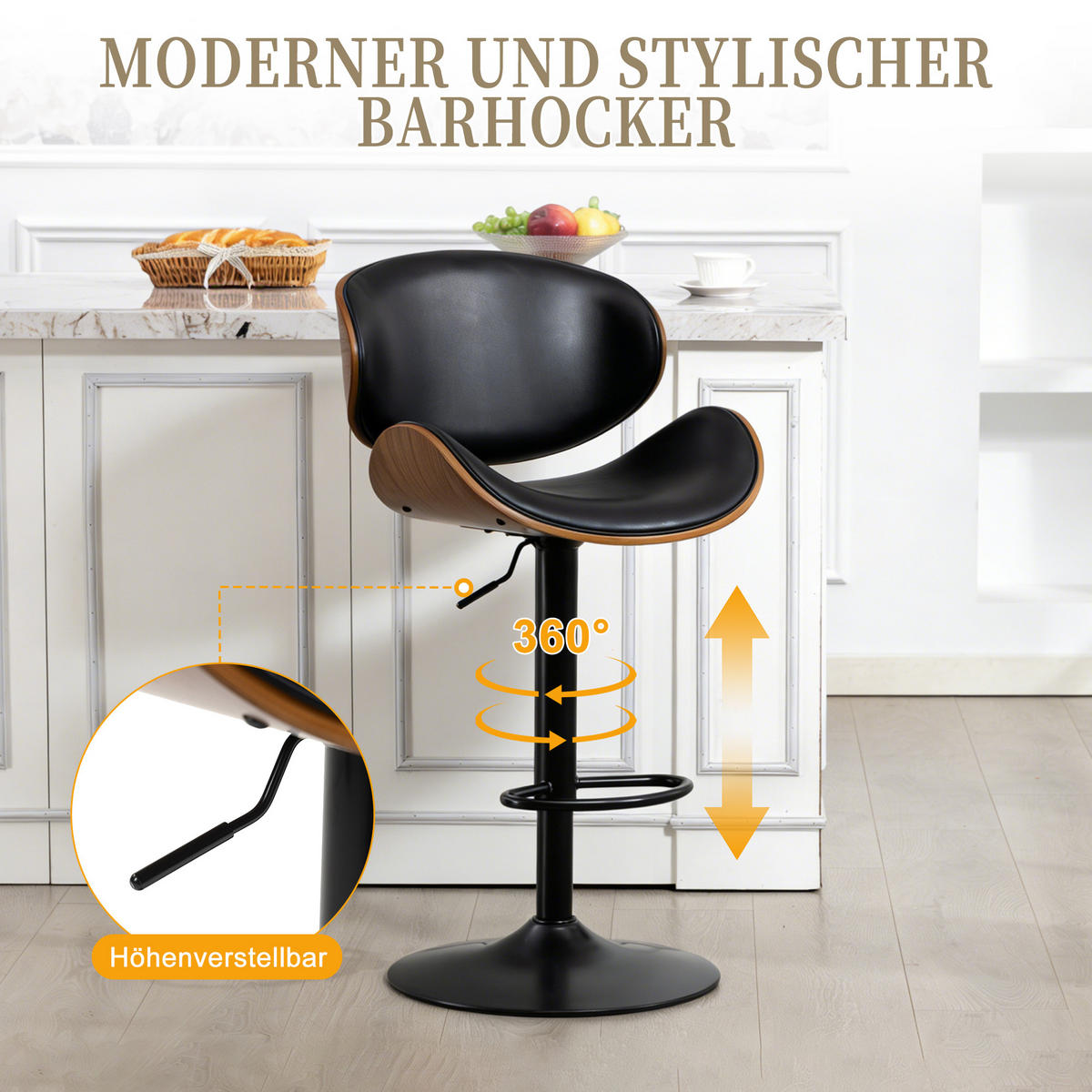 BARHOCKER 2er-Set drehbar, höhenverstellbar mit PU-Sitz, Schwarz - Schwarz, Kunststoff (51/93/50cm)