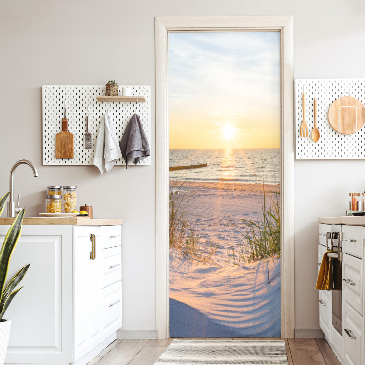 FOTOTAPETE Tür - Strand - Sonne - Düne - Gras - Sand - Horizont 95x235 cm - Dunkelgelb, Kunststoff (95/0.1cm) - MuchoWow