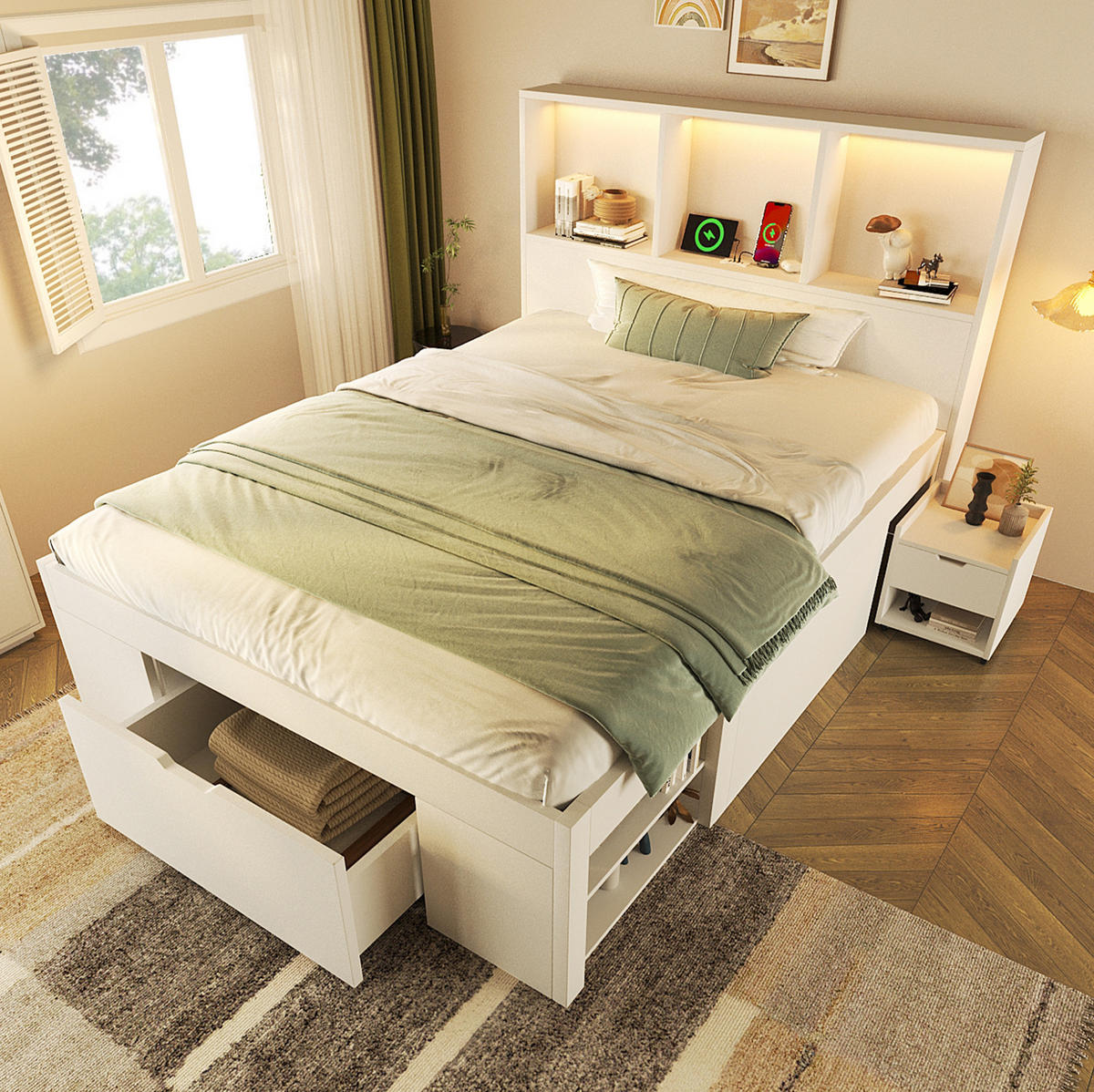POLSTERBETT 90x200 cm in Weiß mit LED-Beleuchtung & Matratze - Weiß, Holzwerkstoff (90/200cm) - Modfu