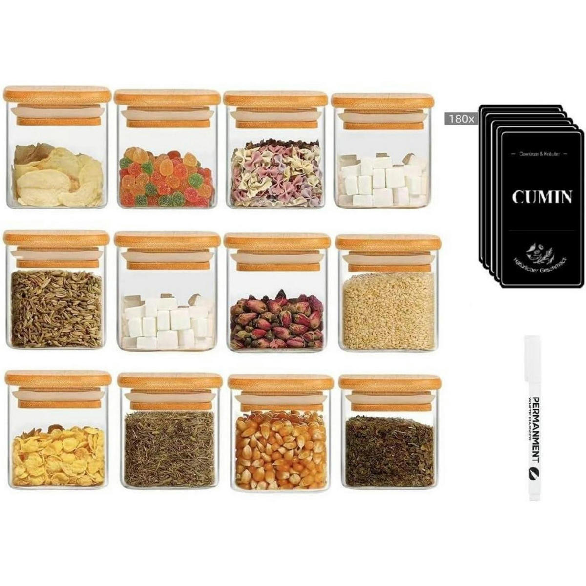 GEWÜRZGLÄSER 12er Set 120ml mit Bambusdeckel und Etiketten - Multicolor, Glas (6/6.7/6cm)