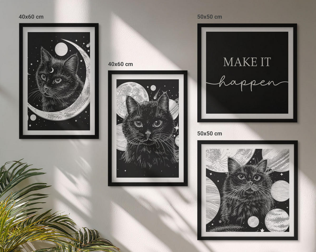 WANDBILDER 4er-Set - 50x50 cm & 40x60 cm Schwarzer Rahmen - Schwarze Katzen, Mond, Planet - Schwarz, Kunststoff (50/50cm) - ArtPrintCave