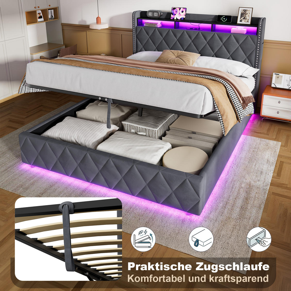 POLSTERBETT 160/200 cm Dunkelgrau mit LED & USB - Dunkelgrau, Textil (160/200cm) - Flora Grace