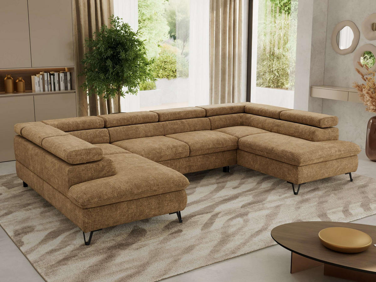 WOHNLANDSCHAFT PABLO U Schenille grob gewebt Hellbraun - Hellbraun/Schwarz, Textil/Metall (346/76/208cm) - MKS