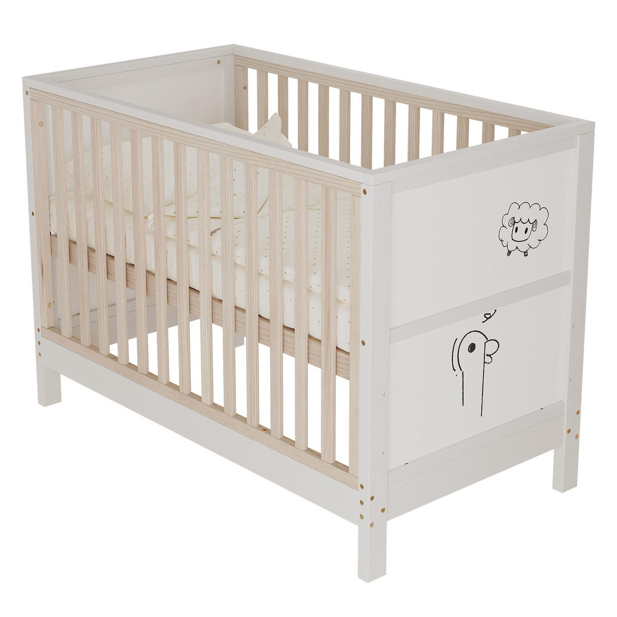 BABYBETT 60/120 cm in Natur/Weiß Massivholz mit bemalbaren Tafeln, 3-fach höhenverstellbar - Weiß/Naturfarben, Holz/Holzwerkstoff (60/120cm) - WISHDOR