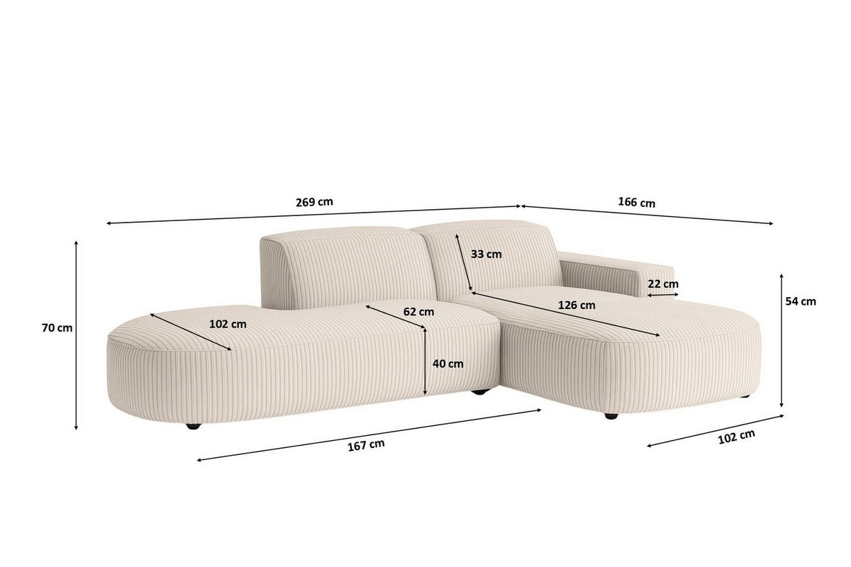 ECKSOFA Cursal Atelier, Stoff Poso, Beige, Rechts - Creme, Holz (269/166cm) - Kaiser Möbel