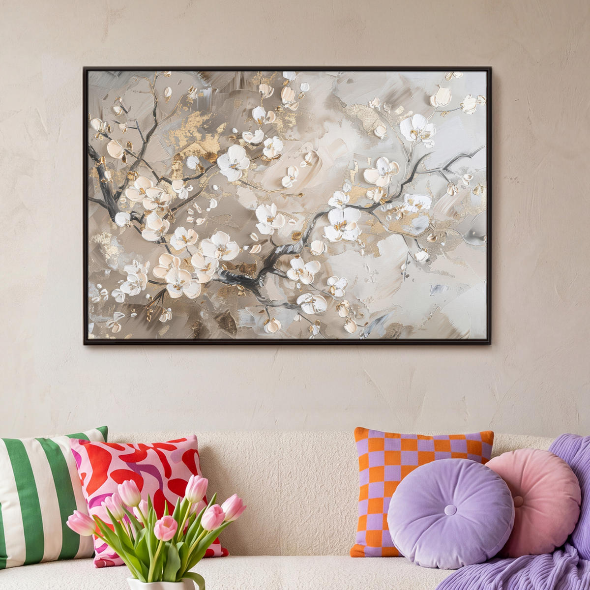 LEINWAND Bilder mit Rahmen - Blumen - Weiß - Gold - Beige - Luxus - 90x60 - Greige, Textil (90/60cm) - MuchoWow