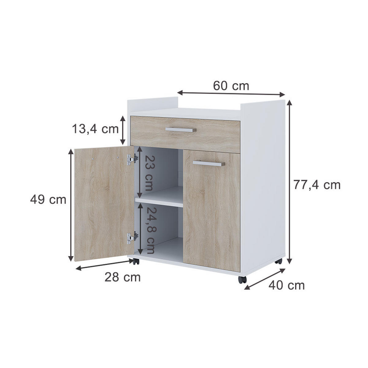 ROLLCONTAINER Ansel Weiß/Sonoma 60 x 40 cm mit Schubladen - Weiß/Sonoma Eiche, Holzwerkstoff (60/77.4/40cm) - Vicco