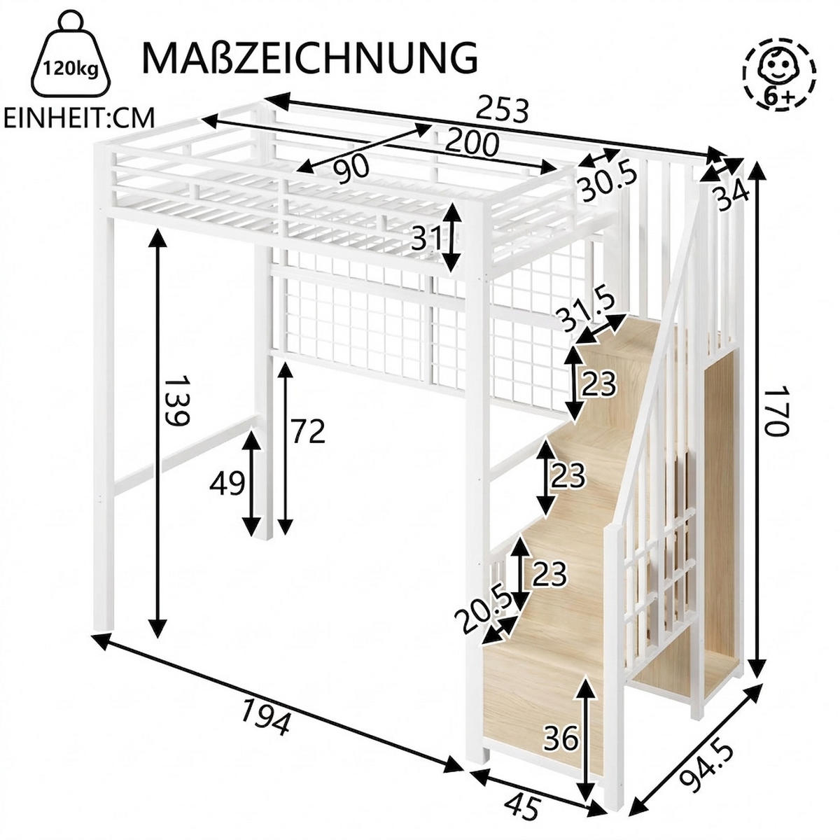 HOCHBETT 90/200 cm Weiß mit Kleiderschrank, Stauraumleiter und 7-farbige LED-Leuchten - Weiß, Metall (90/200cm) - Oxeza