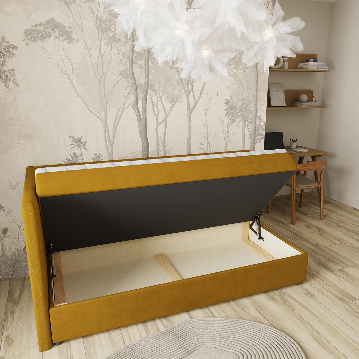 BOXBETT ARIS 80x200 cm mit Matratze und Topper, H2+H3 - Gelb - Gelb, Holz (80/200cm) - MASSENO