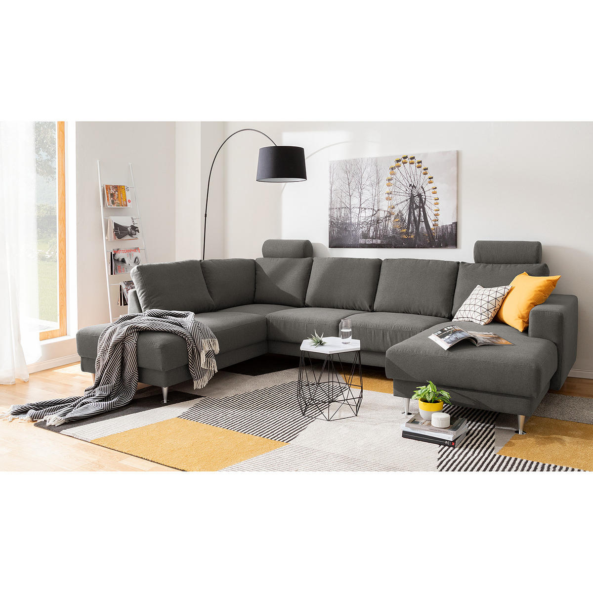 WOHNLANDSCHAFT mit Longchair und Ottomane - Dunkelgrau, Textil (305/85/200cm) - home24
