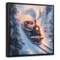 LEINWAND Bilder mit Rahmen - Weihnachtszug - Schnee - Winter - Weihnachten - 20x20 - Dunkelrot, Textil (20/20cm) - MuchoWow