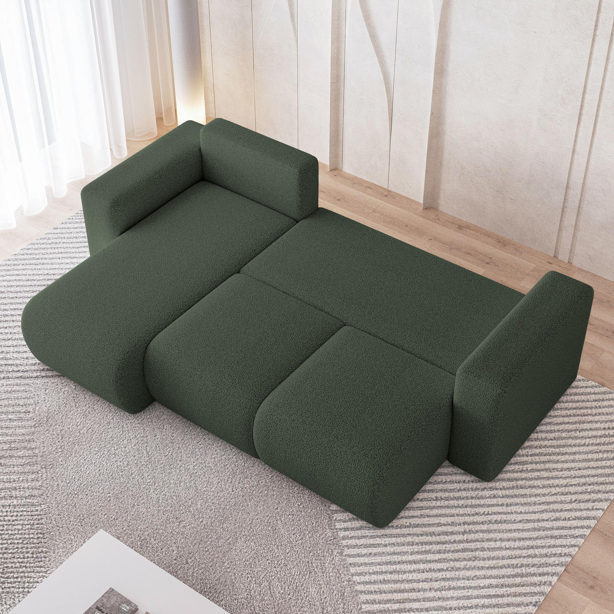 ECKSOFA RINOVA Grün Boucle-Stoff mit Schlaffunktion - Grün, Holz (250/143cm) - MASSENO