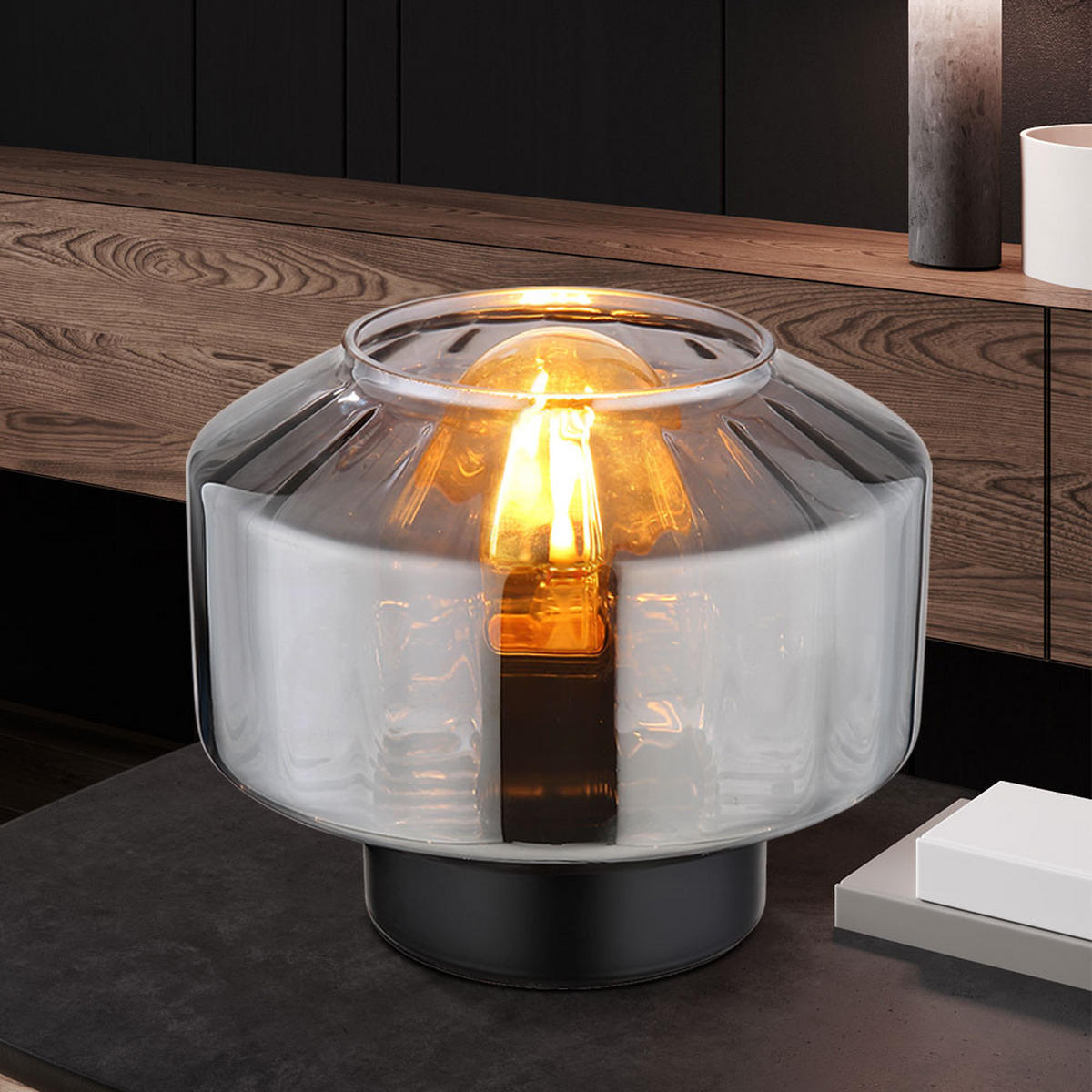 TISCHLEUCHTE Metall Glas Schwarz rauchfarben - Schwarz, Glas (18/18/14.5cm) - Globo Lighting