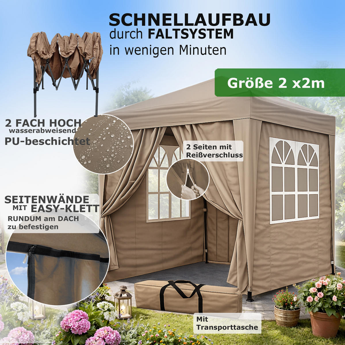 FALTPAVILLON 2/2 m Graubeige - Braun, Metall (200/245/200cm) - QUICK STAR