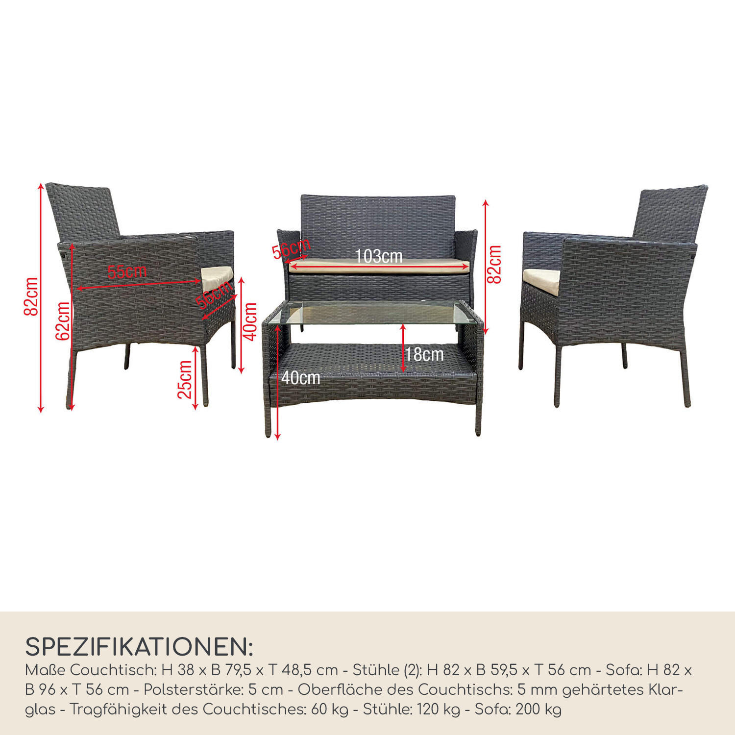 GARTEN-LOUNGE Grau 56/96/82 cm - Grau, Metall - Mobili Rebecca